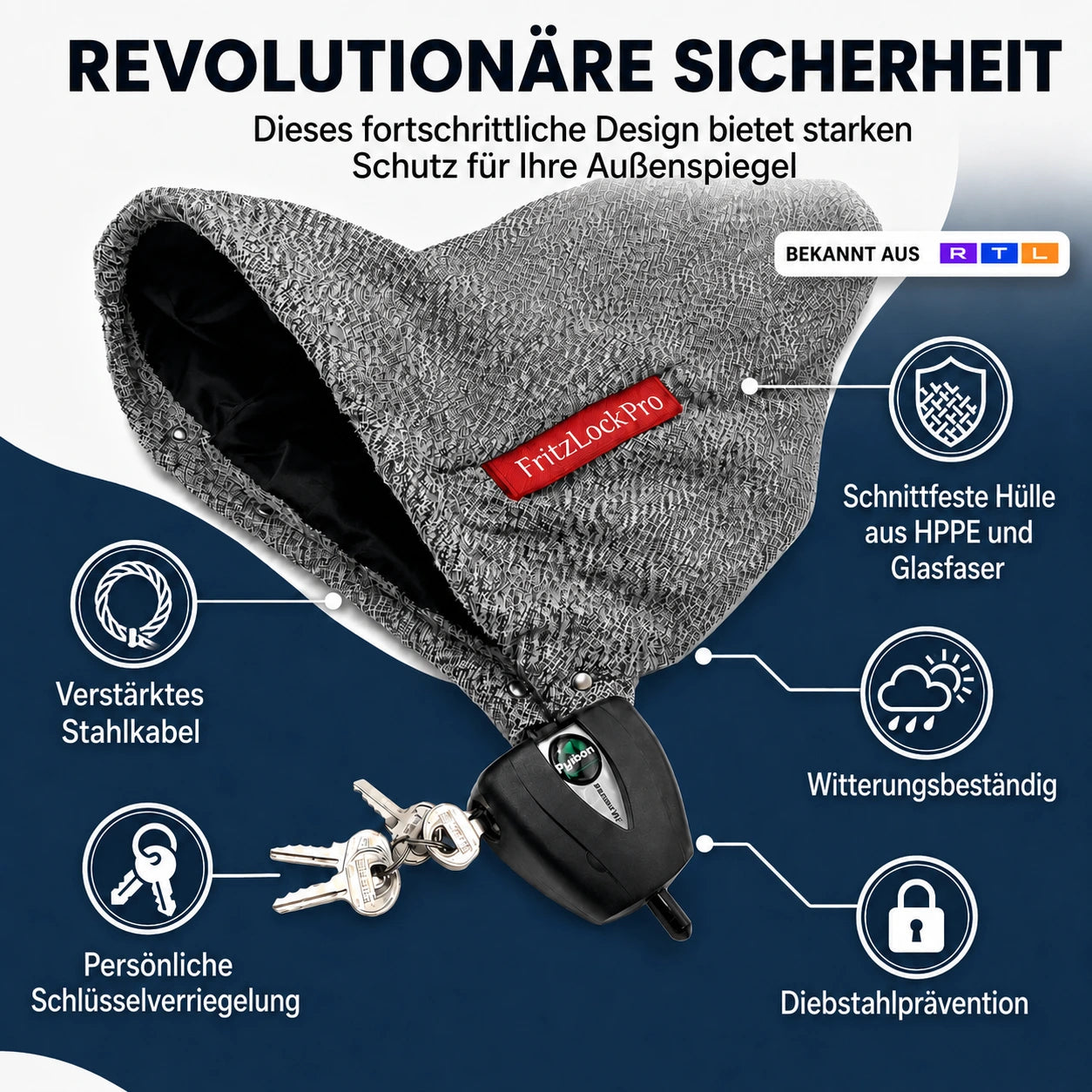 FritzLock Pro – Diebstahlschutz für Außenspiegel mit Master Lock Schlüsselschlössern – 2er-Set Spiegelschutz.de
